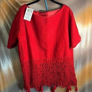 Vintage wool‎ lined top see thru bottom Red Fringe Women's Top 46” chest 501